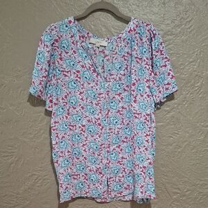 LOFT Women's Floral V-Neck Blouse - Blue and Red Size XL